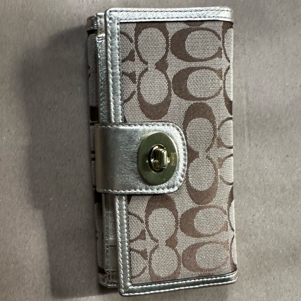 Coach Signature Canvas Wallet in Brown and Metallic